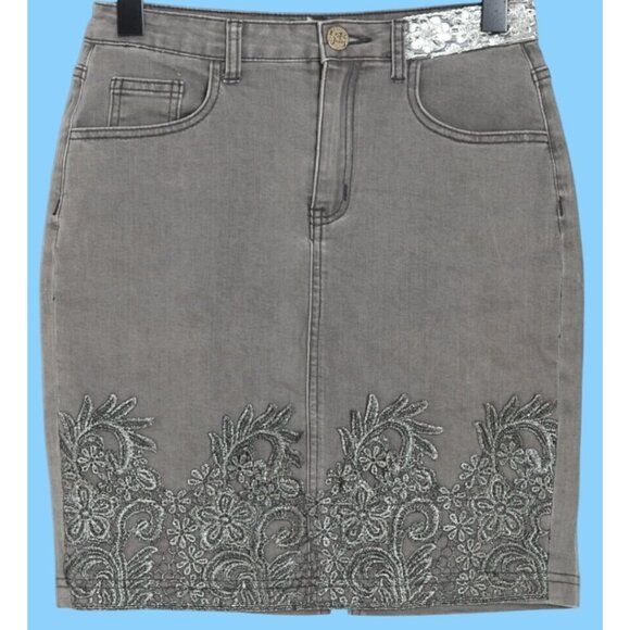 Desigual Dresses & Skirts - RARE DESIGUAL Grey Denim Sequined and Embroidered Skirt Size 30
